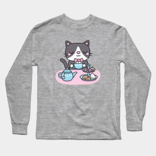 Cute Tuxedo Cat Enjoying Afternoon Tea Pastries And Snacks Long Sleeve T-Shirt